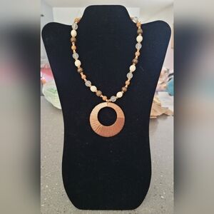 Tan and Cream Beaded Necklace With Threaded Circle Pendant